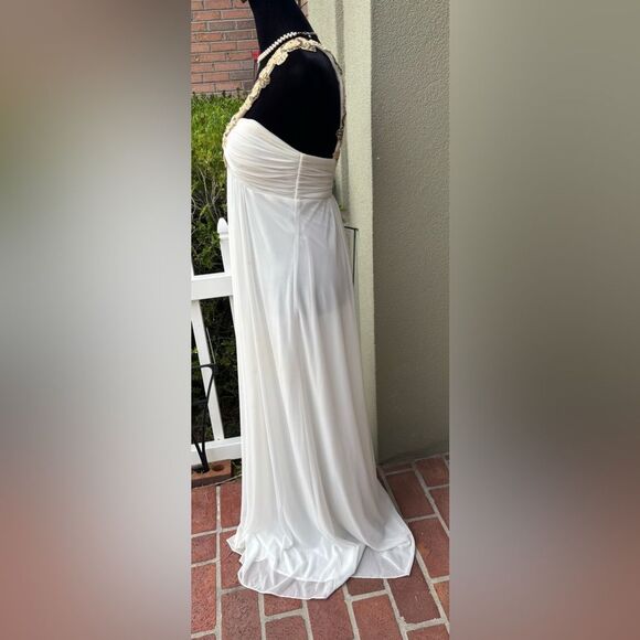 White Flowing Silhouette One Shoulder Gold Sequins Floral Embellishment Full Len - Picture 4 of 9